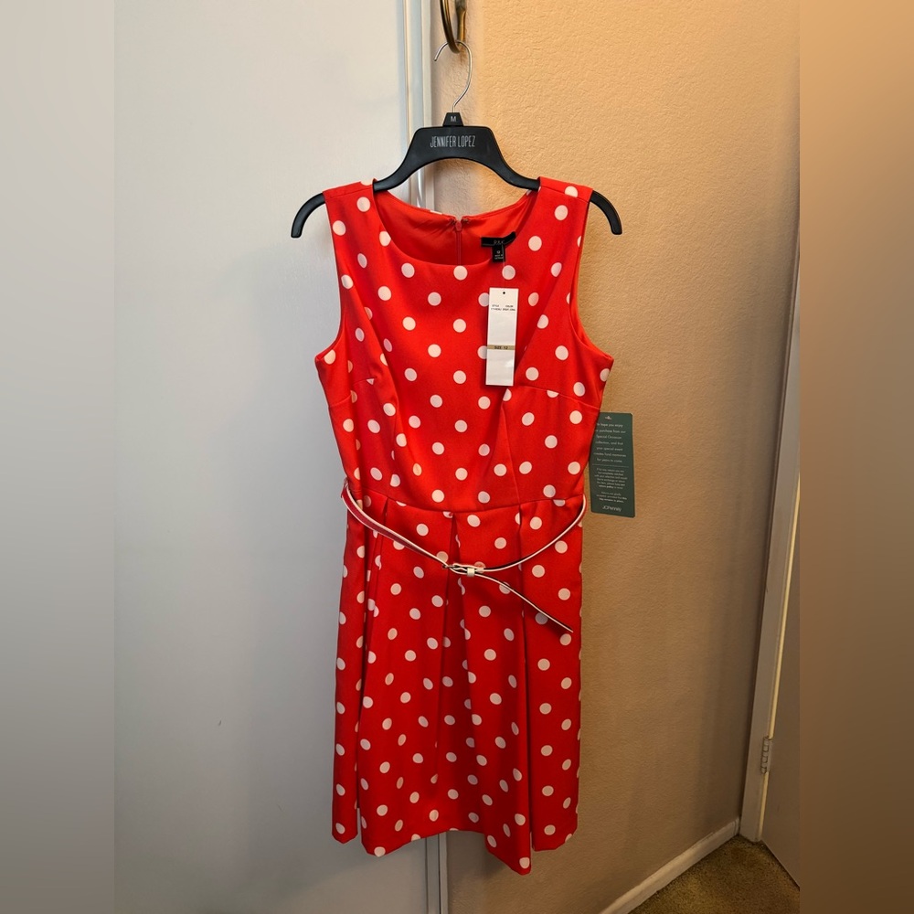 R&K Red Sleeveless Polka Dot Midi Dress with Slim Belt